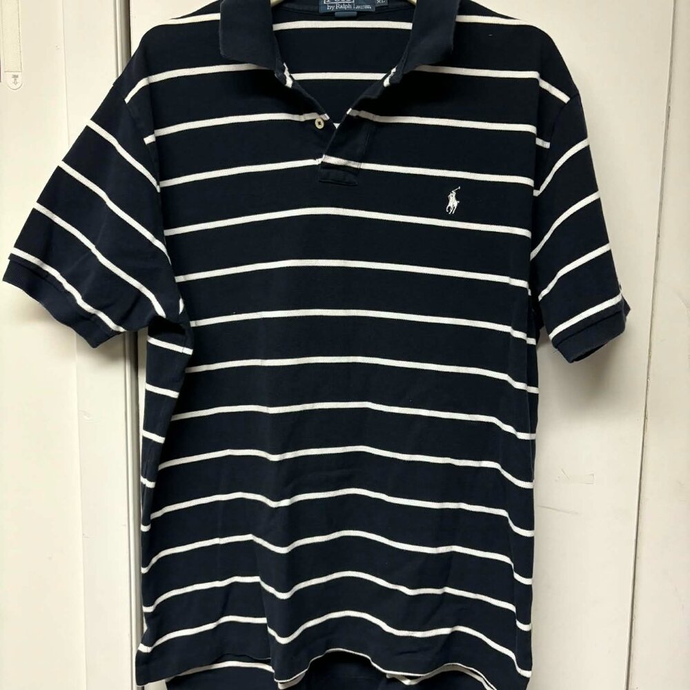 Vintage Men's Ralph Lauren Pique Polo Shirt Striped Navy White XL